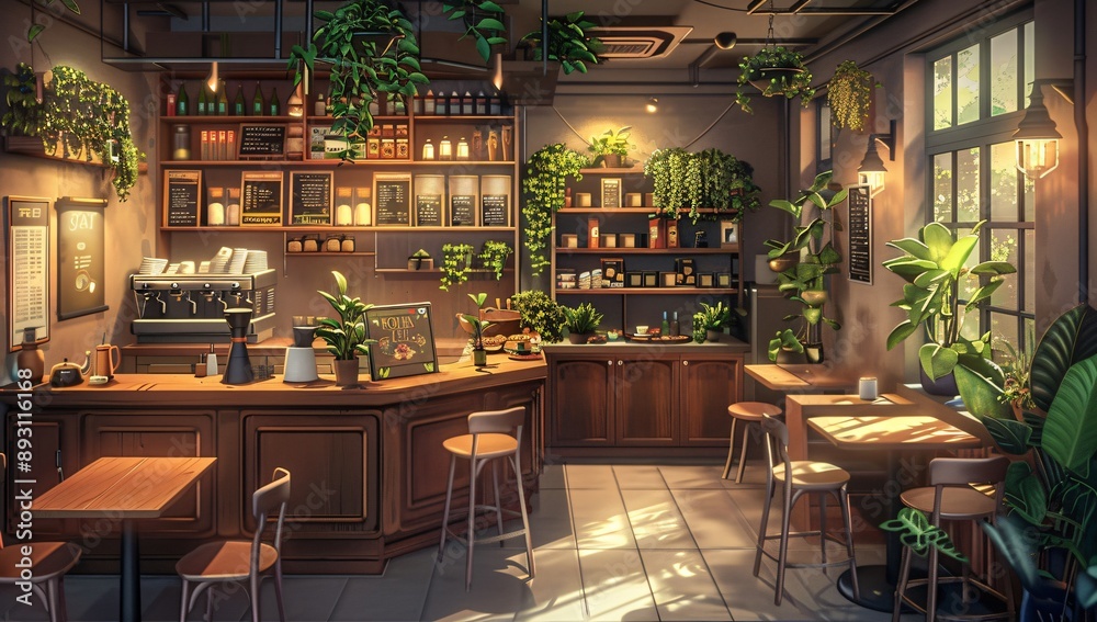 Anime-style illustration of a cozy cafe Anime-style illustration of a cozy cafe