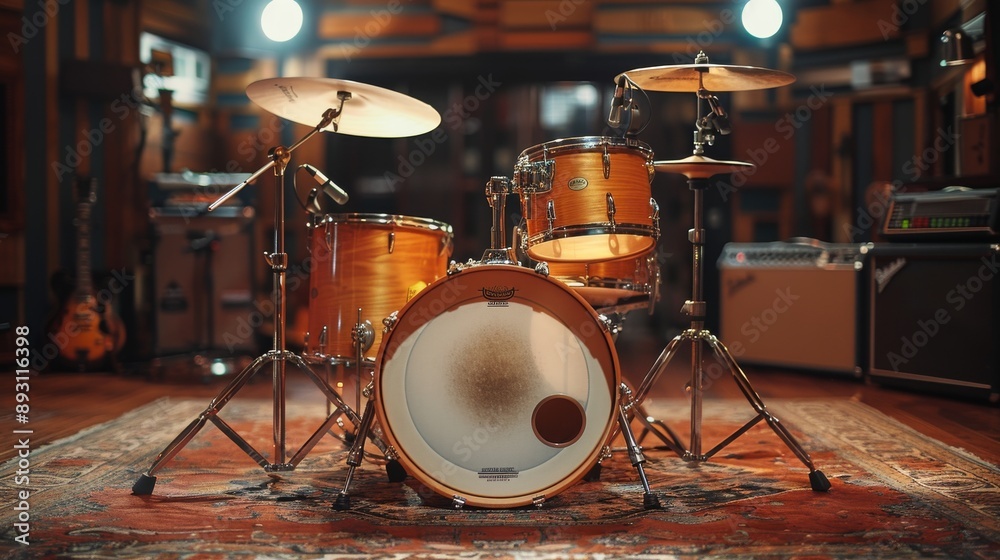 Obraz premium A Close up of a Drum Set On a Rug in Front of a Guitar Amp - Generative AI