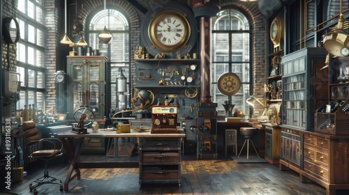 A steampunk study room with industrial-style furniture, brass accents, and vintage-inspired gadgets.