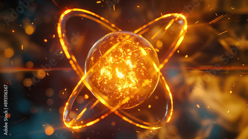 3D Rendering of Fermium Element in a Holographic Nuclear Reaction Visualization with Glowing Particles and Dynamic Energy Effects