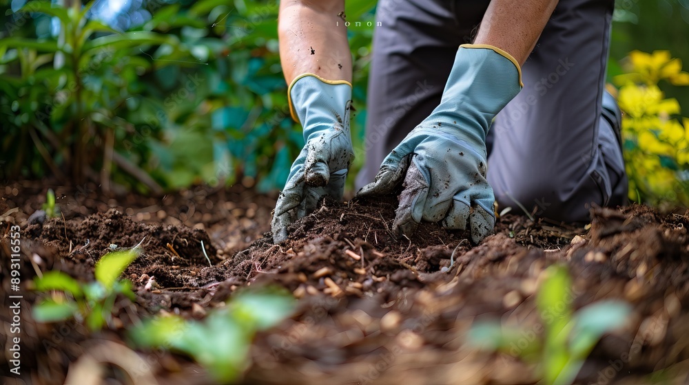 A gardener wearing gloves and planting soil amendment during the morning with soft natural lighting, medium shot A gardener wearing gloves and planting soil amendment during the morning with soft natural lighting, medium shot
