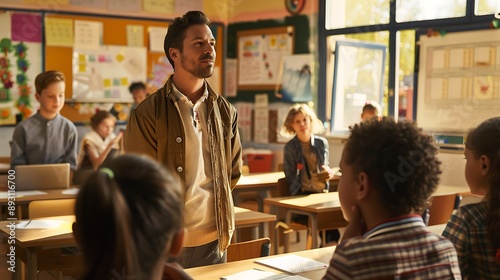 Teacher Engaging With Students In Bright Classroom Setting © Mini Jo