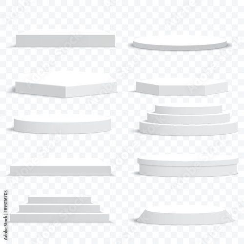 Various white platforms on transparent background, ideal for showcasing products. Vector