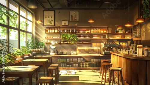 Anime-style illustration of a cozy cafe 