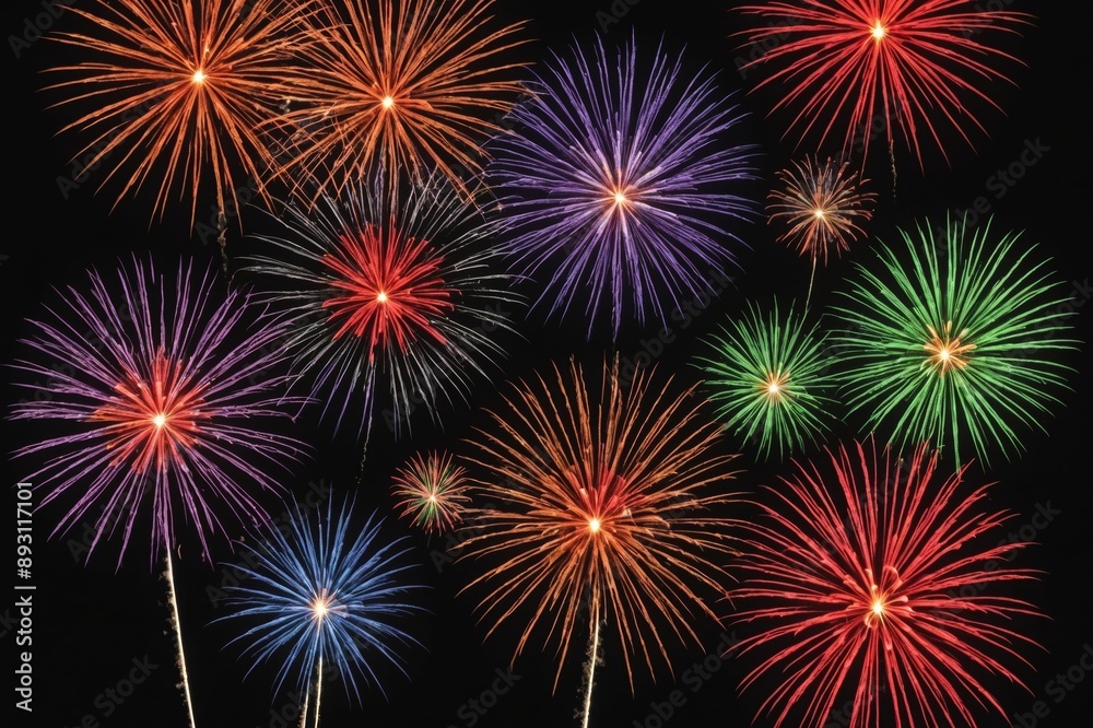 Diwali HD Starbursts and Rocket Explosions on a Black Background Sky with Red, Green, Blue, Purple, and Gold Colour Fireworks Bursts with Space for Text—Smoke-Free Diwali HD Starbursts and Rocket Explosions on a Black Background Sky with Red, Green, Blue, Purple, and Gold Colour Fireworks Bursts with Space for Text—Smoke-Free