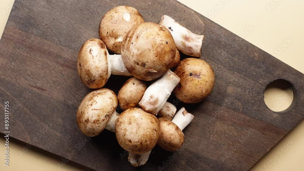 raw champignon mushroom on a chopping board on table raw champignon mushroom on a chopping board on table