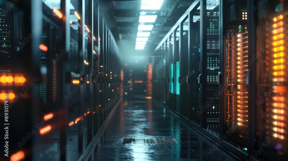 Illustration of Data Center Computer Rack in Server Room Network Security and Data center in server room, cloud computing data storage. Ai generated image Illustration of Data Center Computer Rack in Server Room Network Security and Data center in server room, cloud computing data storage. Ai generated image