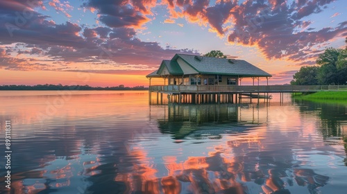 Illustration of Boathouse on Lake Tyler with clear sky, Texas with colorful clouds. Ai generated image