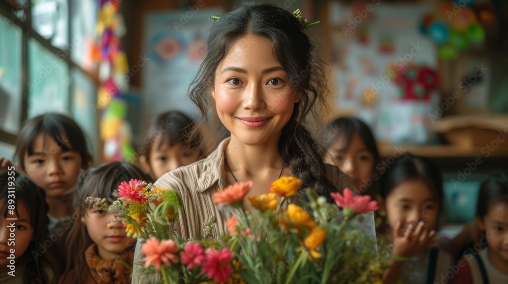 A Woman Holding a Bouquet of Flowers in Front of a Group of Children - Generative AI A Woman Holding a Bouquet of Flowers in Front of a Group of Children - Generative AI