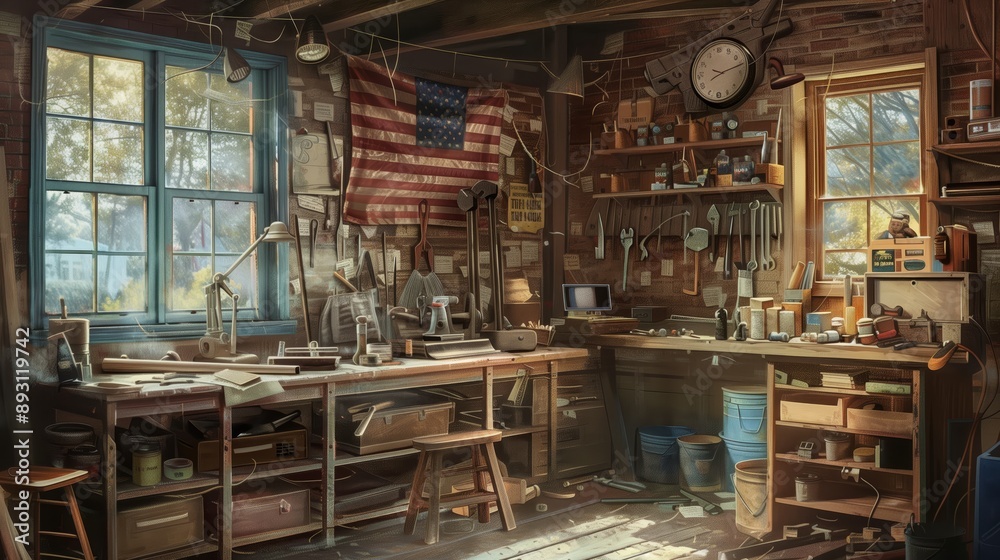 a workshop setting with tools on a wooden bench and a USA flag in the background. a workshop setting with tools on a wooden bench and a USA flag in the background.