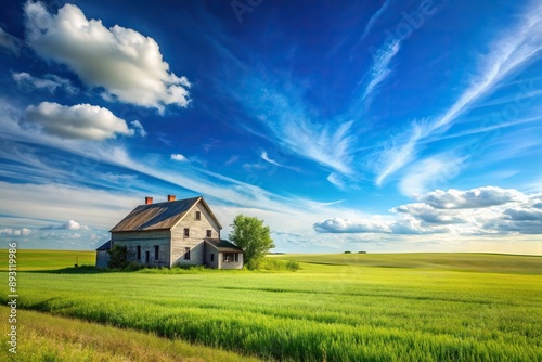 Farm house on plain with blue sky and green fields, green fields, rural, farmhouse, countryside, plain