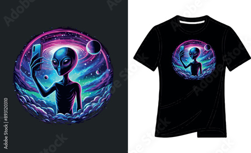 2d vector t-shirt design alien silhouette taking selfies with his smartphone