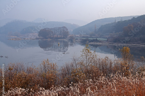 Autumnal and morning view of silver grass flowers and trees against a fisherman standing boat and water at Upo wetland of Yueo-myeon near Changnyeong-gun, South Korea
 photo