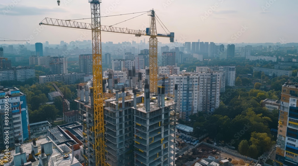 Obraz premium A tower crane on a construction site. Building residential structures. Panoramic view of skyscraper construction. Modern cityscape.