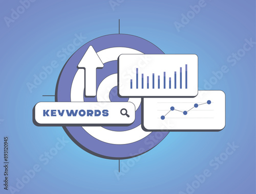 Targeted keywords for SEO - specific words or phrases chosen to attract relevant search traffic and improve search engine ranking for web content. SEO targeted keywords vector illustration with icons