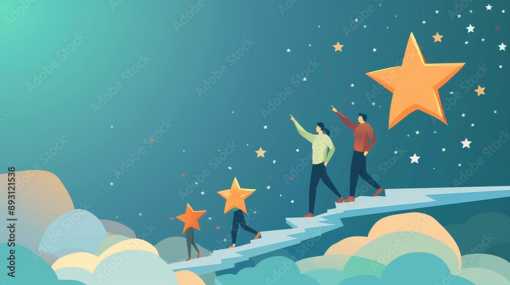 Naklejka premium Leading his friends, a man points to the star, guiding them on a path forward in his journey to success. This vector illustration represents leadership.