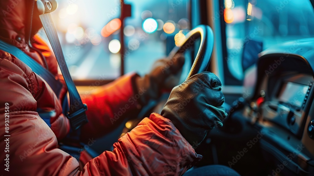 Obraz premium Close up of hand bus driver fastening seatbelt. Image of hand.