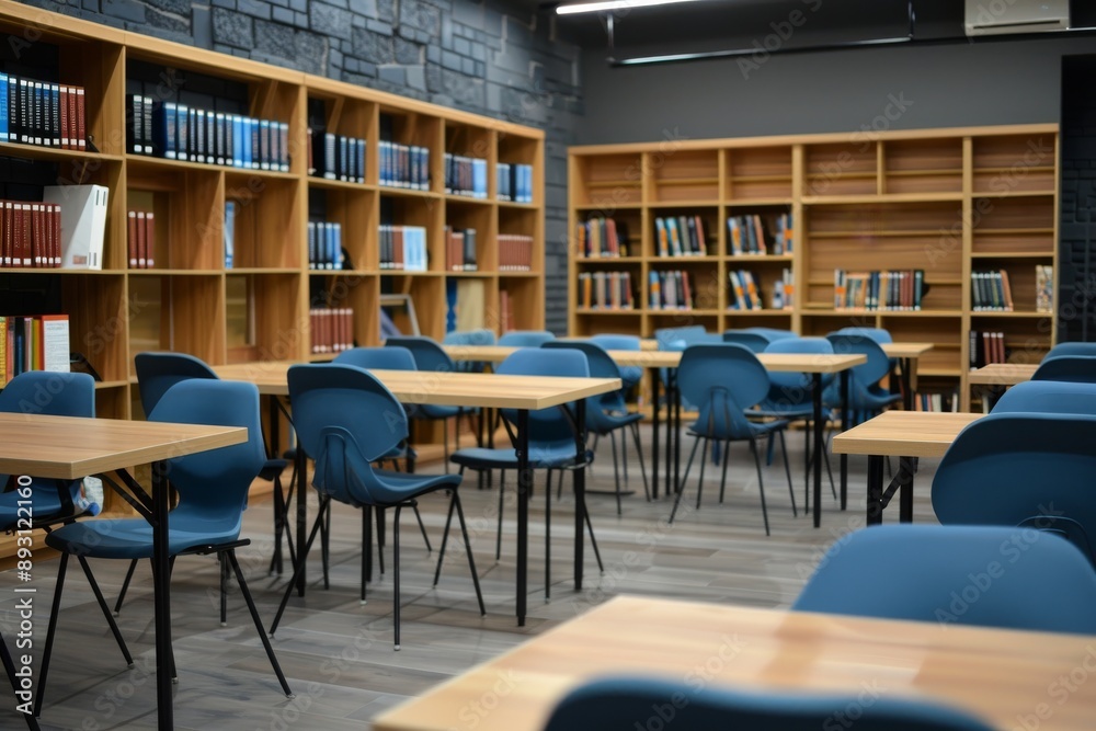 Classroom interior with rows of blue chairs and bookshelves. Classroom interior with rows of blue chairs and bookshelves.