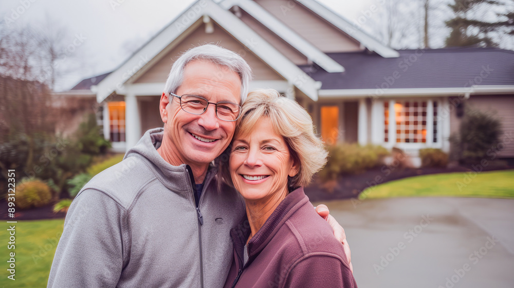An elderly, happy couple near the background of their new home in the yard. An elderly, happy couple near the background of their new home in the yard.