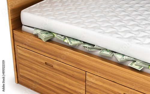 Money, dollars hidden under a white mattress. Economy concept, saving photo