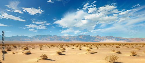 A stunning landscape of the Nevada desert with a wide expanse of golden sand and clear blue skies The photo provides ample space for copy or other content