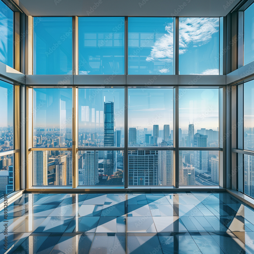 Sunny Cityscape View through Large Windows with Blue Sky Sunny Cityscape View through Large Windows with Blue Sky