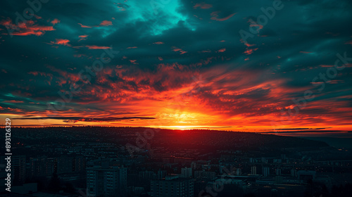 HD Film Photograph of Post-Sunset Sky from Mountain Top Overlooking City