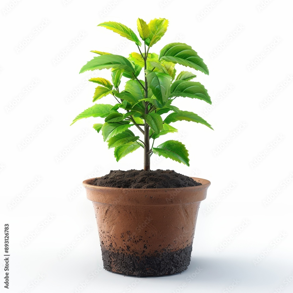 Compact tree sapling in a pot, promoting forest protection and reforestation. Single Object on white background Compact tree sapling in a pot, promoting forest protection and reforestation. Single Object on white background