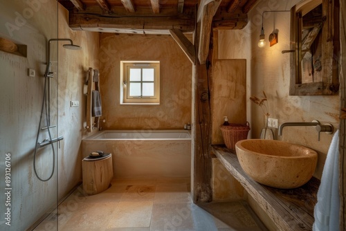 Interior of a rustic bathroom in a country house. Nobody inside