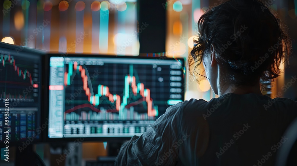 a person investing in stocks with financial strategies and risk assessment during the late afternoon with natural lighting , over-the-shoulder shot a person investing in stocks with financial strategies and risk assessment during the late afternoon with natural lighting , over-the-shoulder shot