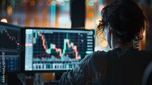 a person investing in stocks with financial strategies and risk assessment during the late afternoon with natural lighting , over-the-shoulder shot