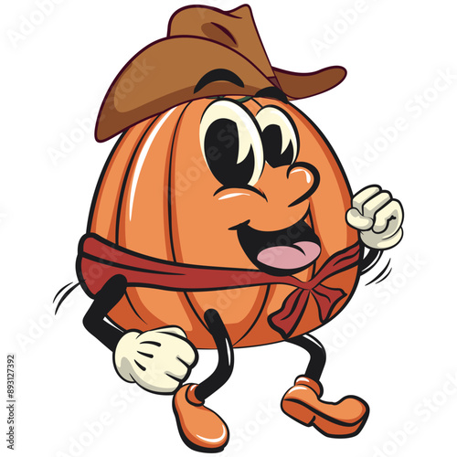 character of a cute pumpkin cartoon vector isolated clip art mascot illustration in cowboy style, work of hand drawn