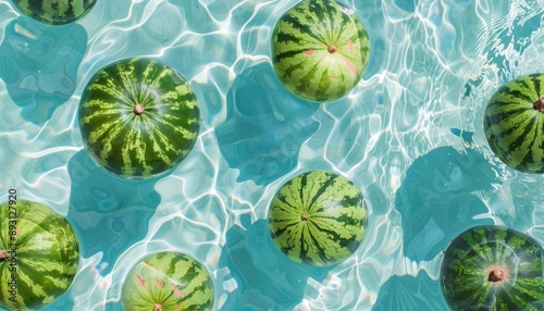 Whole Watermelons Floating in a Pool on a Sunny Day