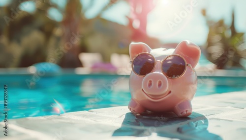 Piggy Bank Relaxing By The Pool On A Sunny Day