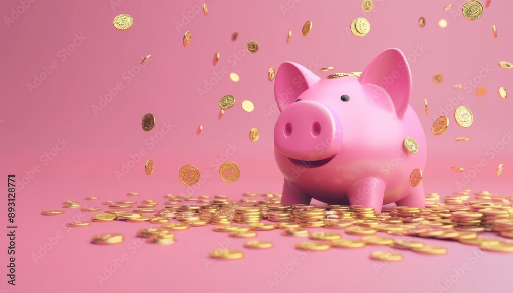 Pink Piggy Bank Surrounded by Golden Coins on Pink Background Pink Piggy Bank Surrounded by Golden Coins on Pink Background