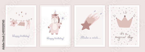 Happy birthday cards set in cartoon design. Trendy collection of birthday elements. Simple flat style.  Vector illustration.
