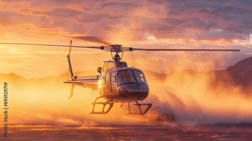 A Helicopter Flying Through the Desert With a Dust Storm in the Background and a Sunset in the Distance - Generative AI A Helicopter Flying Through the Desert With a Dust Storm in the Background and a Sunset in the Distance - Generative AI