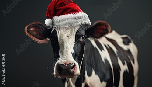 A Black And White Cow Wearing A Santa Hat In Front Of A Dark Background