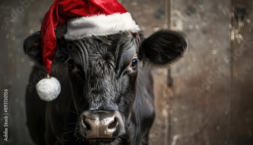 Black Cow Wearing Red Santa Hat for Christmas