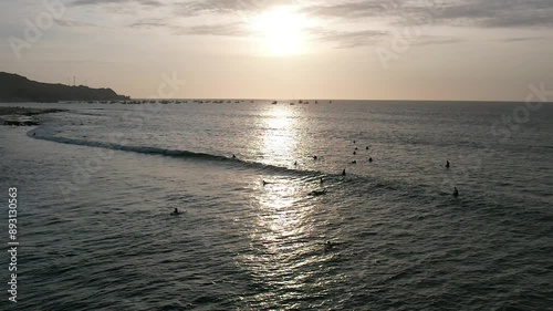 Aerial video above the coastline in the coastal town of Mancora Peru photo