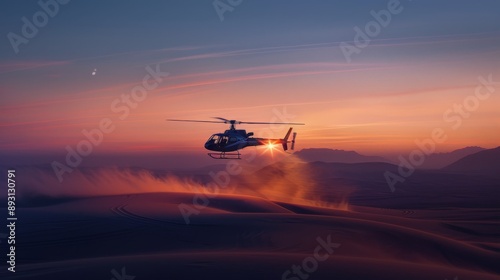 A Helicopter Flying Over a Desert at Sunset With Clouds in the Sky and Mountains in the Background - Generative AI