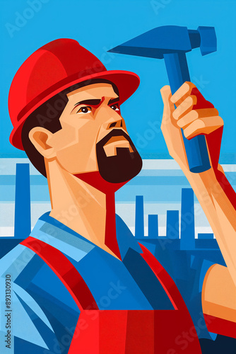 A vintage poster illustration featuring a joyous Labor Day in vibrant red white and blue with a strong worker holding a hammer against a factory backdrop  photo