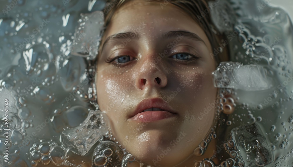 Closeup Portrait of Young Woman Submerged in Ice Water Closeup Portrait of Young Woman Submerged in Ice Water