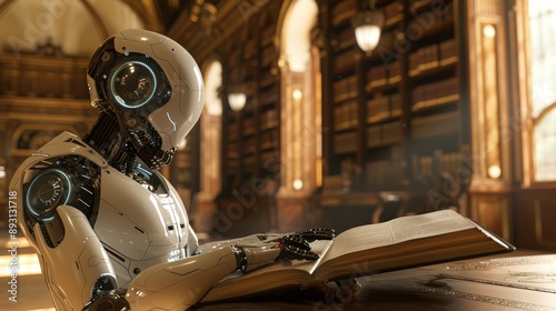 A Robot Sitting at a Table Reading a Book in Front of a Large Window - Generative AI