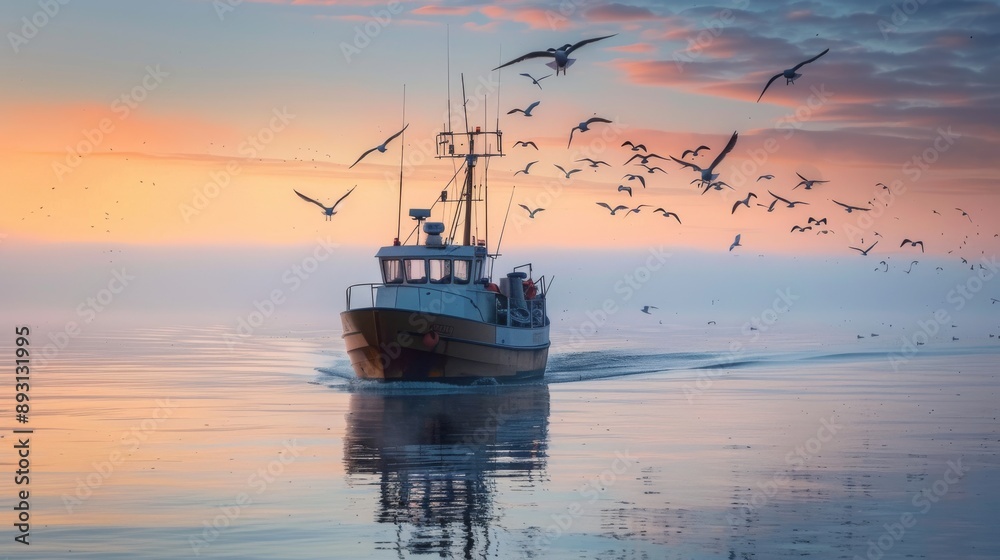 A Boat in the Water With a Flock of Seagulls Flying Around It - Generative AI A Boat in the Water With a Flock of Seagulls Flying Around It - Generative AI
