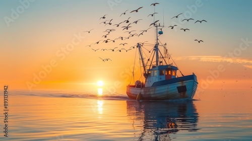 A Boat in the Water With a Flock of Seagulls Flying Around It - Generative AI