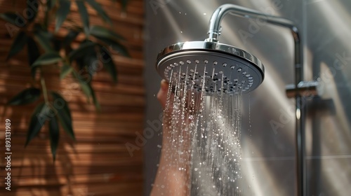 A person using a water-saving showerhead with a bathroom background during the afternoon with natural lighting, close-up shot,