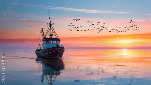 A Boat in the Water With a Flock of Birds Flying Over It at Sunset - Generative AI