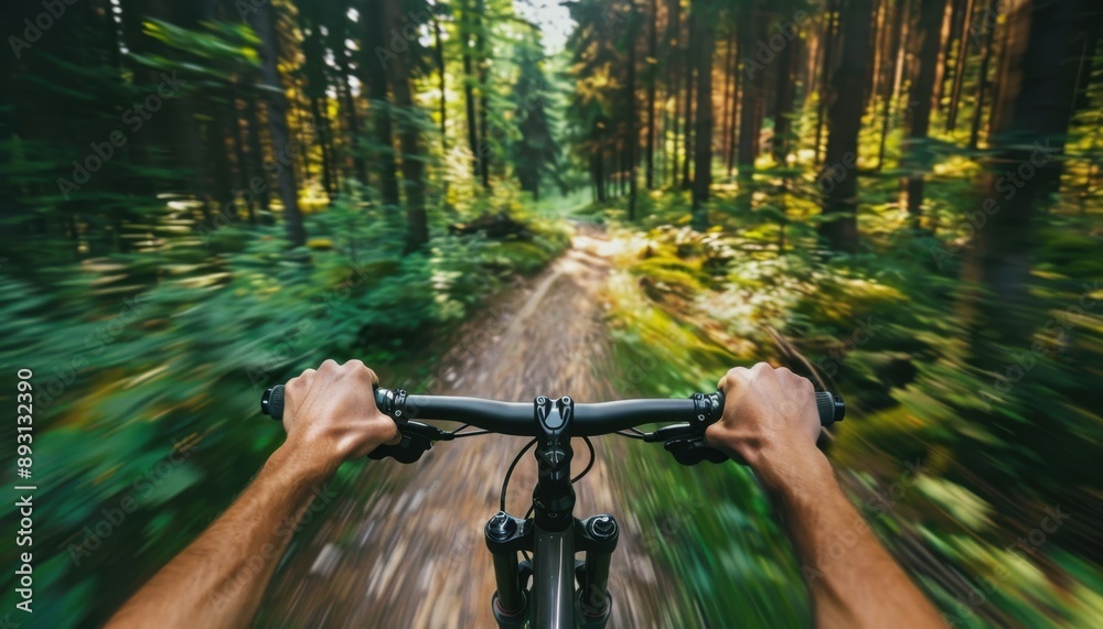 First Person View of Cyclist Riding Mountain Bike Through Forest First Person View of Cyclist Riding Mountain Bike Through Forest