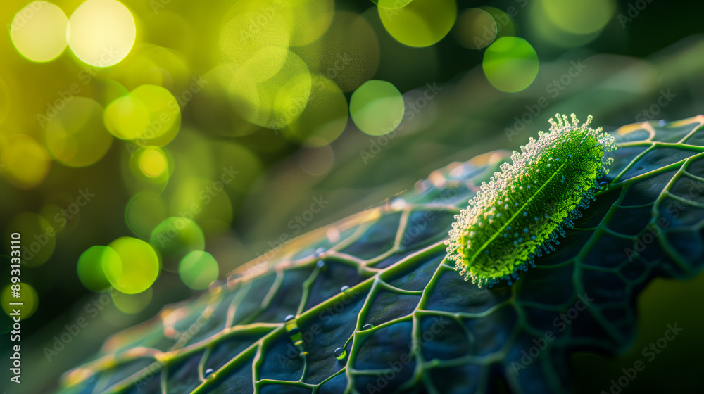 Fototapeta premium In-focus close-up of a single bacterium, on a leaf surface background